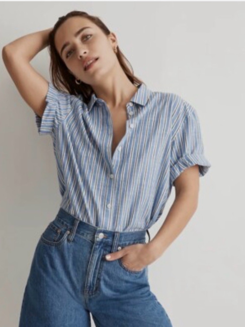 Madewell Blue Slim Central Shirt in Stripe Short-Sleeve Button-Down Shirt